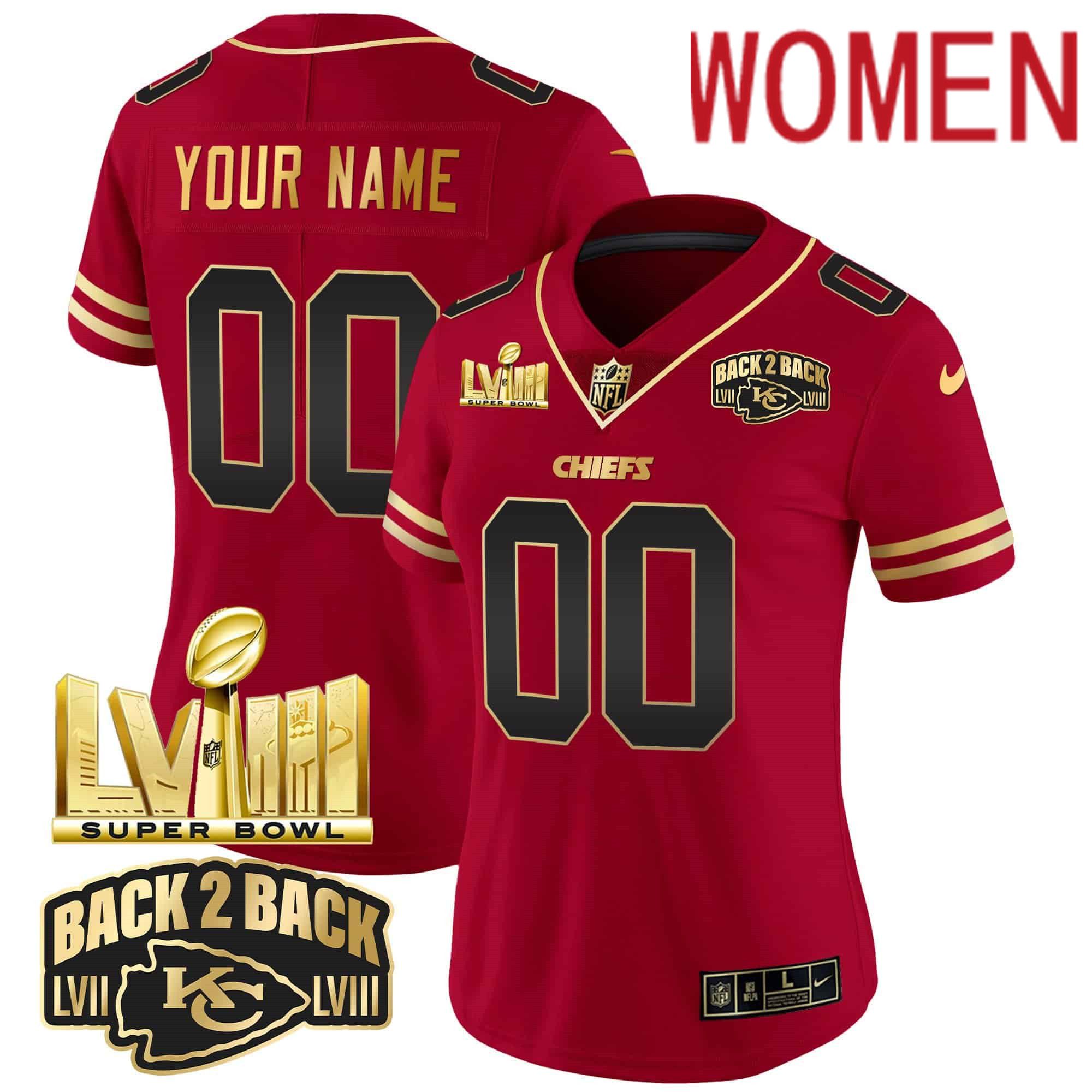 Women Kansas City Chiefs Red 2024 Nike Super Bowl LVIII & Back 2 Back Gold Patch Vapor Custom NFL Jersey style 1